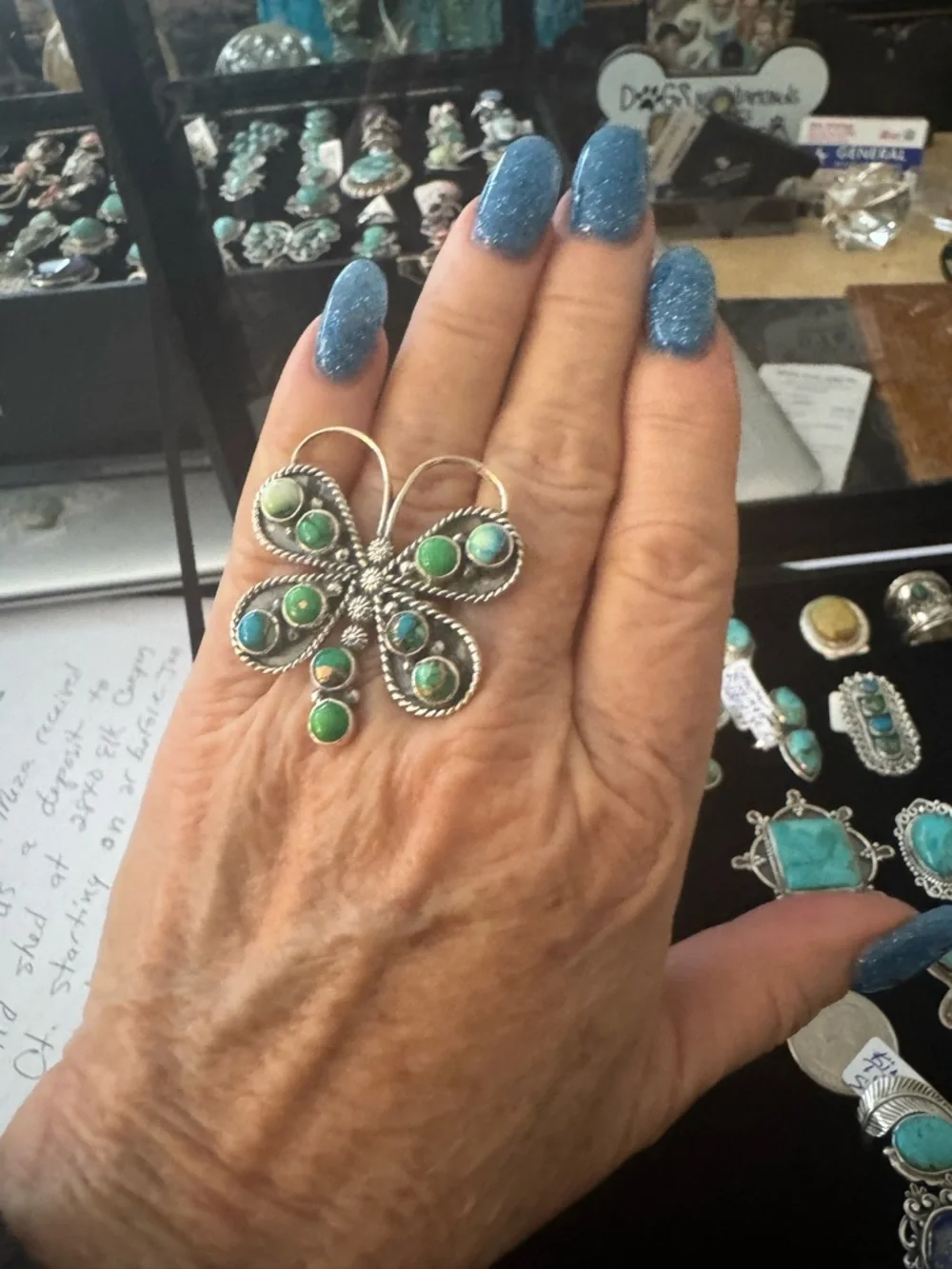 Sterling Silver Kingman‎ Turquoise Green Butterfly statement ring